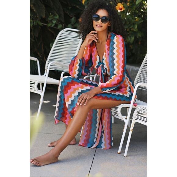 NEW Anthropologie Beach Riot Shiloh Rainbow V-Neck Maxi Dress Cover-Up Large - Picture 1 of 4